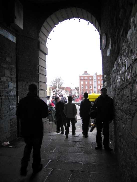Passage between Temple Bar and Ha'penny Bridge, the site of the bookstall where
 Leopold Bloom buys a book for Molly, and where Stephen meets his sister