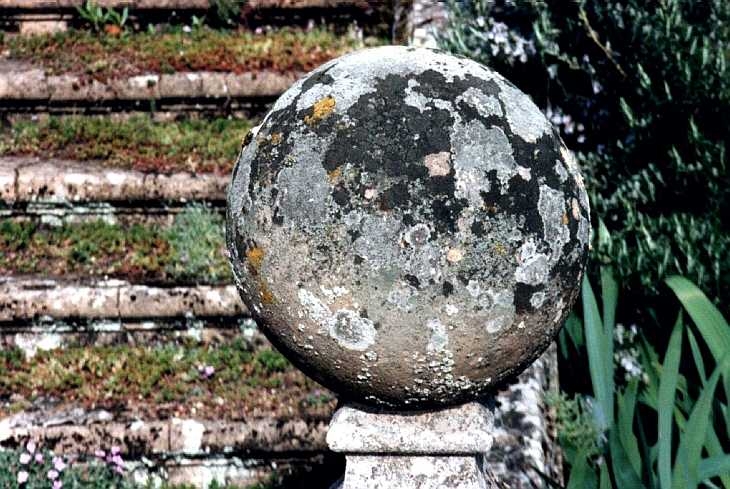 Lichen encrusted stone ball at Benington Gardens, Hertfordshire