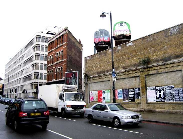 Tube trains above Great Eastern Street, London East End